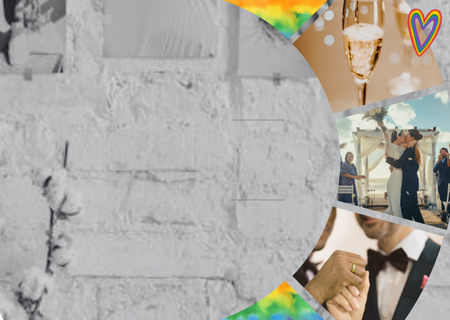 Fons de totxo gris amb imatges de colors sobre matrimonis LGTBI+ i un cor d'arciris