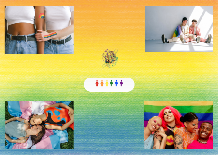 Fons amb colors de l'arc de Sant Martí i fotos de persones LGTBI+