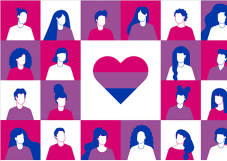 Dibuixos de dones i homes amb els colors de la bandera bisexual (rosa, lila, blau) i un cor central amb aquests colors