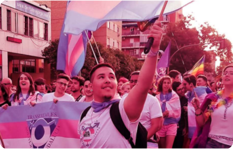 Foto a color amb gent enarborant banderes TRANS