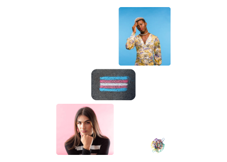 Dues persones TRANS femenina i masculina amb la bandera trans al mig. Logo de santboiesdiversa al extrem inferior dret