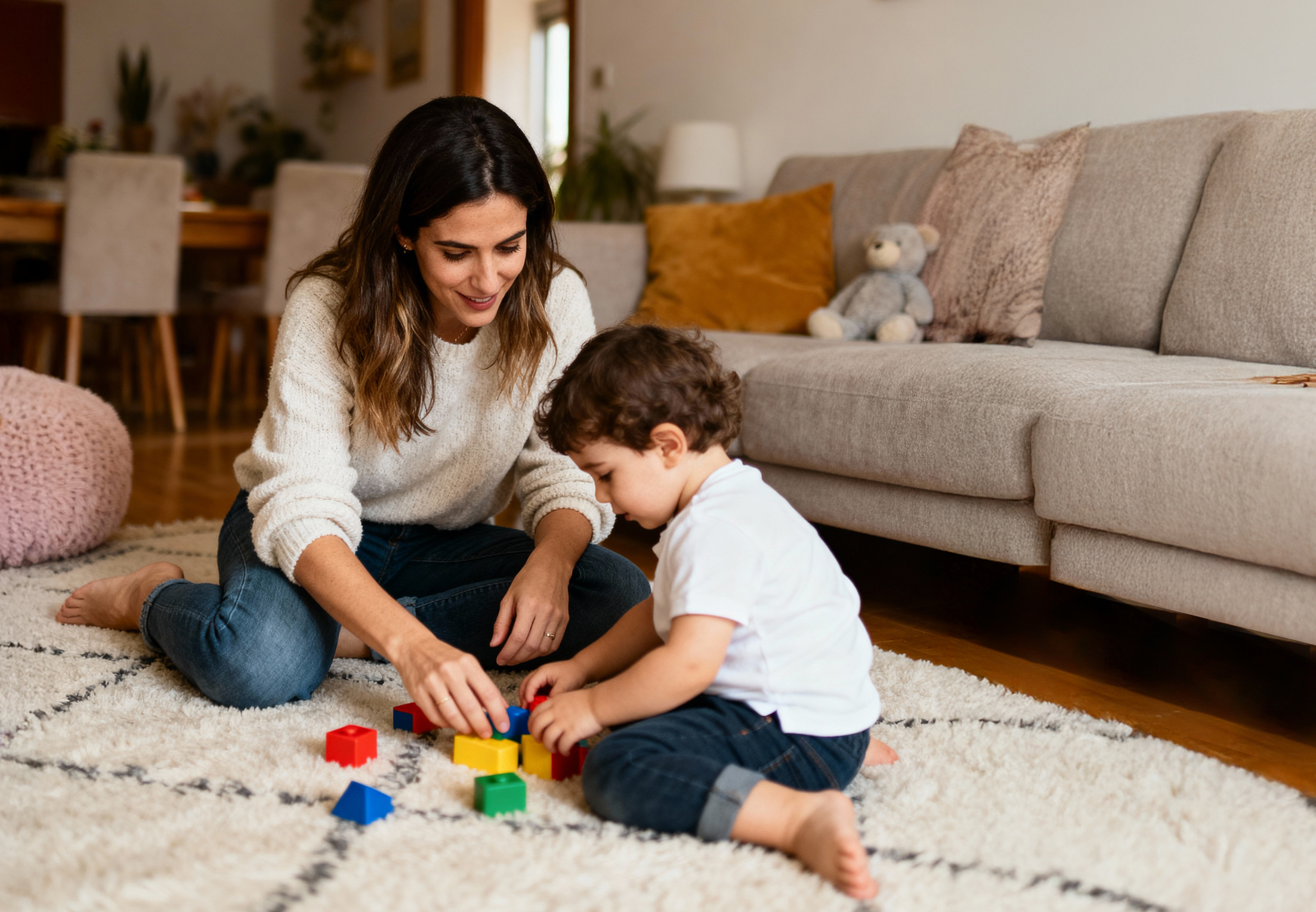 Una mare juga a casa amb el seu fill