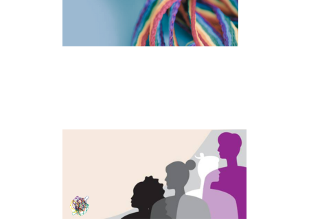 Fotogragia amb cordills del color de la bandera irisada i gent dibuixada amb els colors de la bandera asexual (lila, blanc, gris i negre)