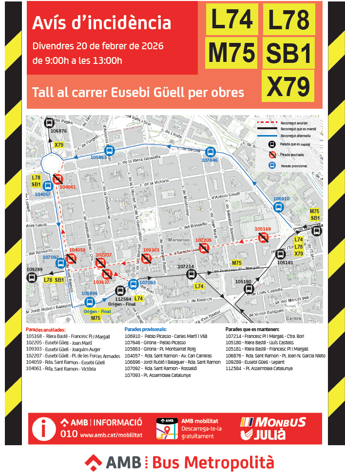 afectacions de les línies d'autobus del carrer eusebi güell el 20 de febrer