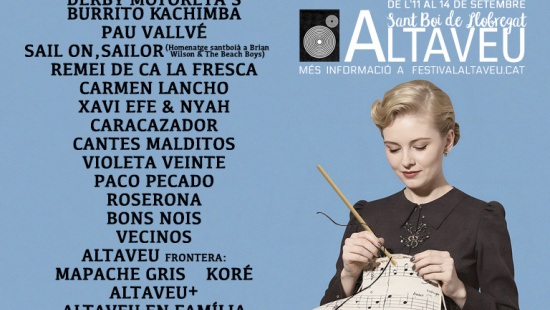 Cartell del Festival Altaveu 2025, que serà de l'11 al 14 de setembre amb: Derby Motoreta's Burrito Kachimba, Pau Vallvé, Sail, On Sailor (homenatge santboià a Brian Wilson & The Beach Boys), Remei de Ca La Fresca, Carmen Lancho, Xavi Efe & Nyah, Caracazador, Cantes Malditos, Violeta Veinte, Paco Pecado, Roserona, Bons Nois, Vecinos, Altaveu Frontera amb Mapache Gris i Koré i les activitats Altaveu més i Altaveu en Família