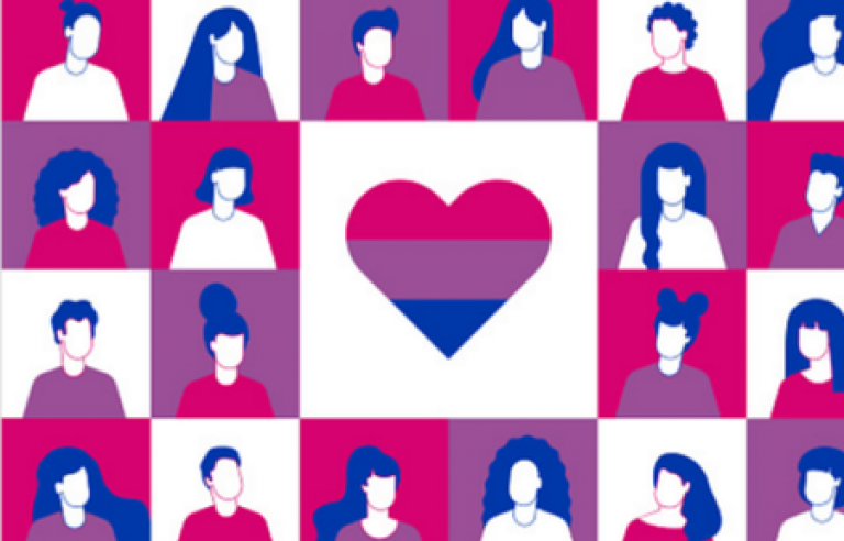 Dibuixos de dones i homes amb els colors de la bandera bisexual (rosa, lila, blau) i un cor central amb aquests colors