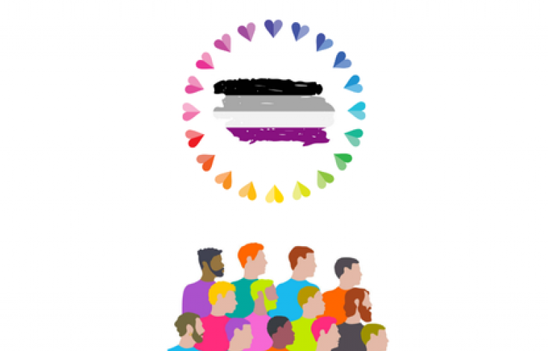 Imatge de gent amb molts colors i bandera de l'asexualitat envoltada de cors amb colors de l'arciris