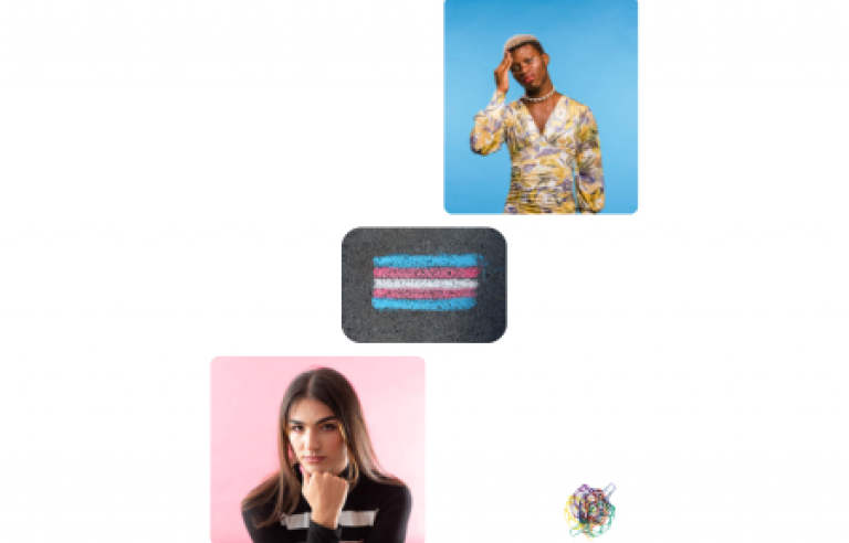 Dues persones TRANS femenina i masculina amb la bandera trans al mig. Logo de santboiesdiversa al extrem inferior dret