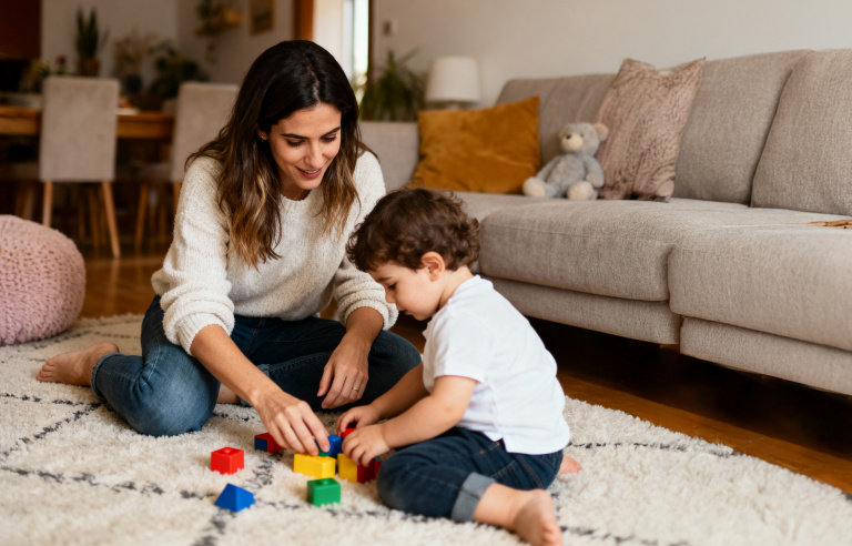 Una mare juga a casa amb el seu fill